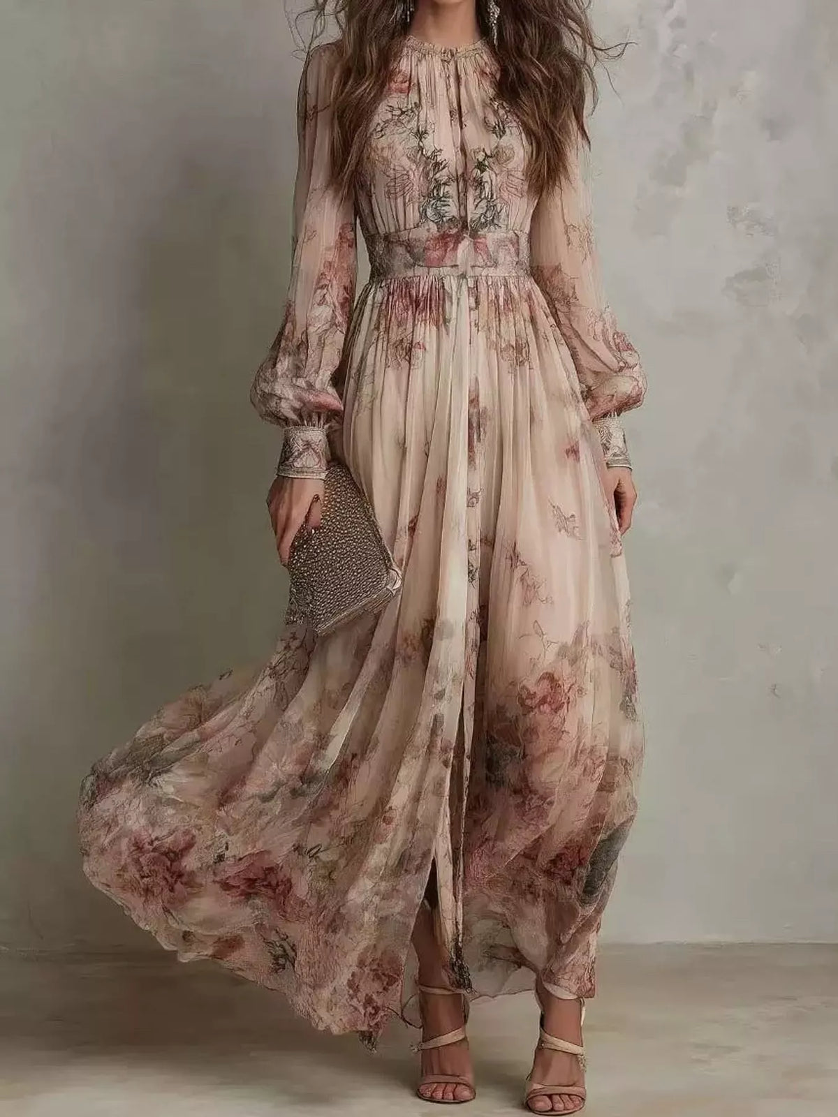 Beige floral print maxi dress
