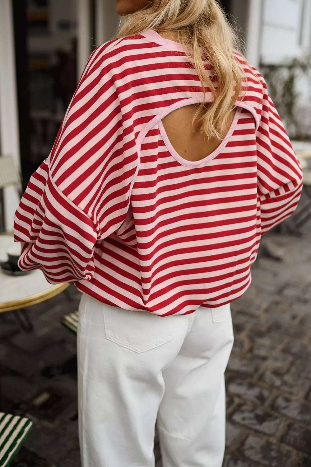 Trendsi Cutout Back Striped Round Neck Sweatshirt -