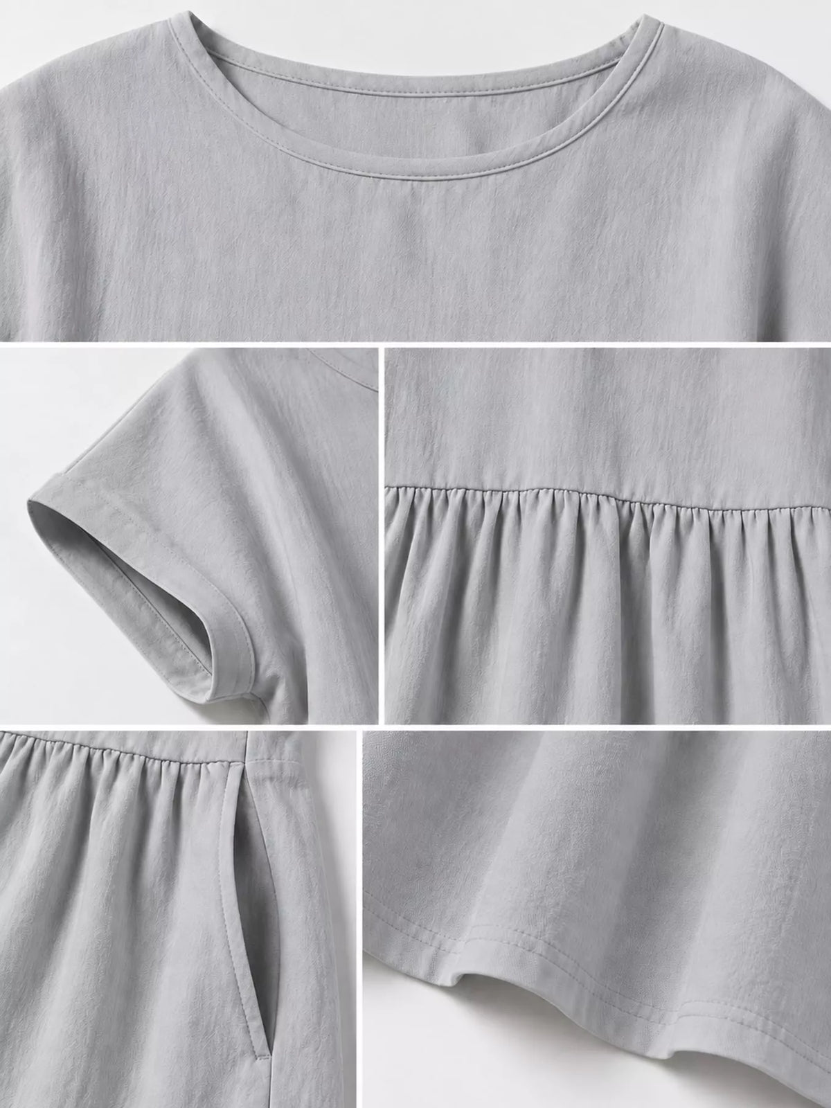 Round neck short sleeve midi dress, construction and design details