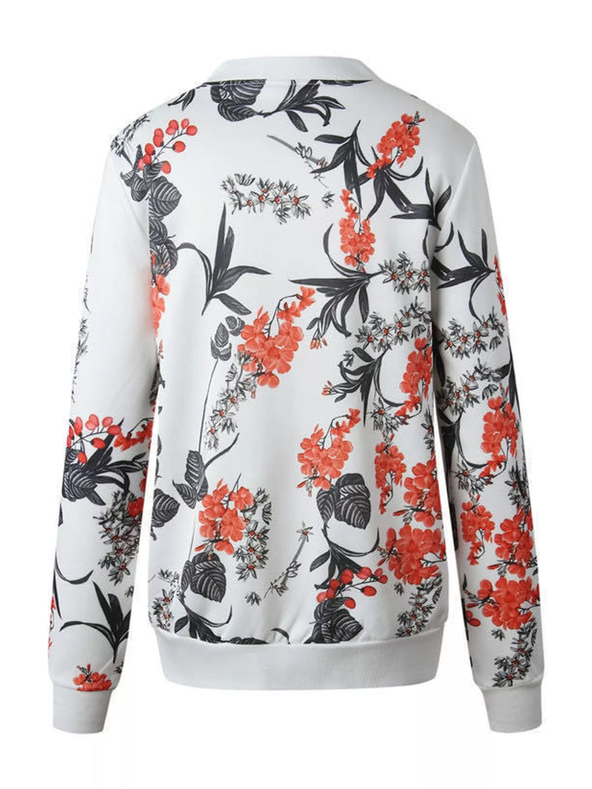 White and red floral printed zip-up bomber jacket — front view