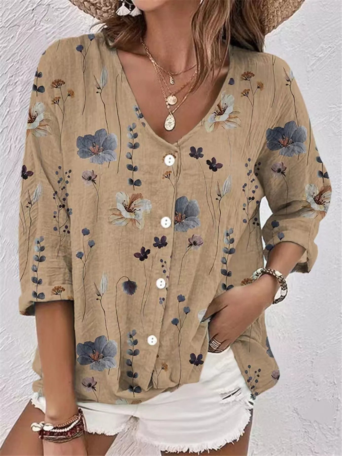 Trendsi Floral Print V-Neck Button-Down Shirt -
