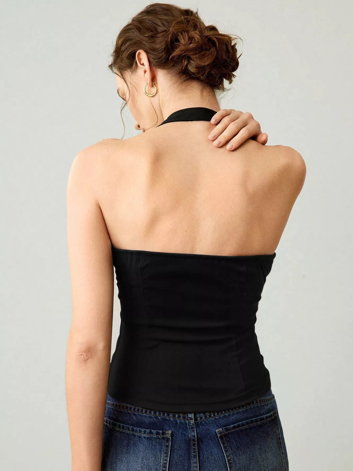 Women's Halter Neck Tank with Metallic Ring Detail in Black, full-length view