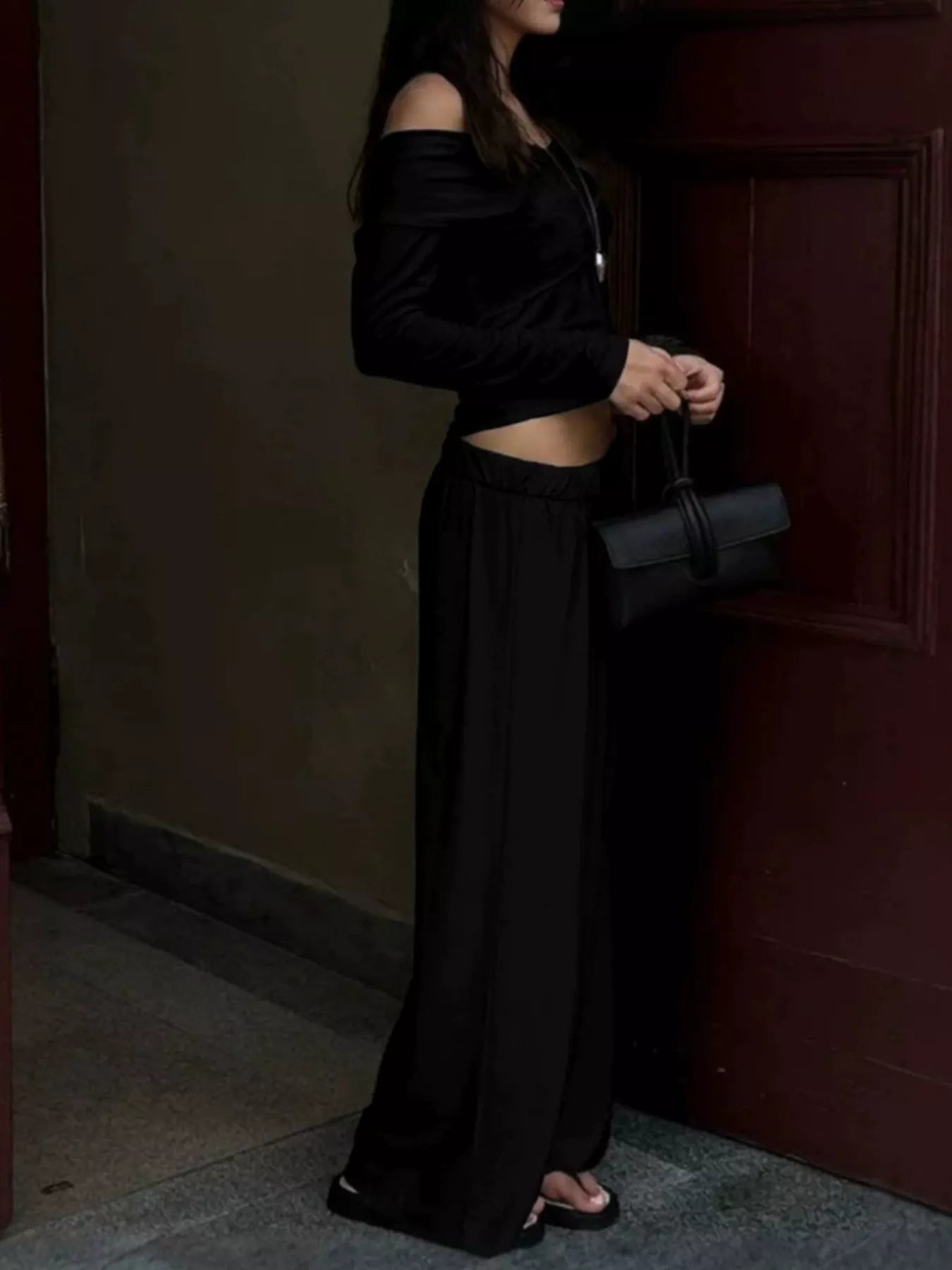 Trendsi Off-Shoulder Long Sleeve Top and Wide-Leg Pants Set -