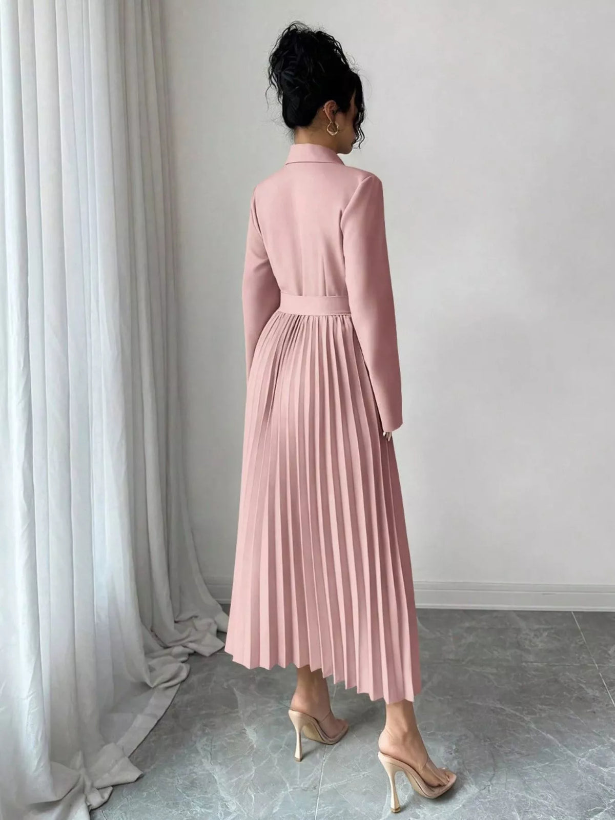 Dusty pink belted blazer-style pleated midi dress, back view