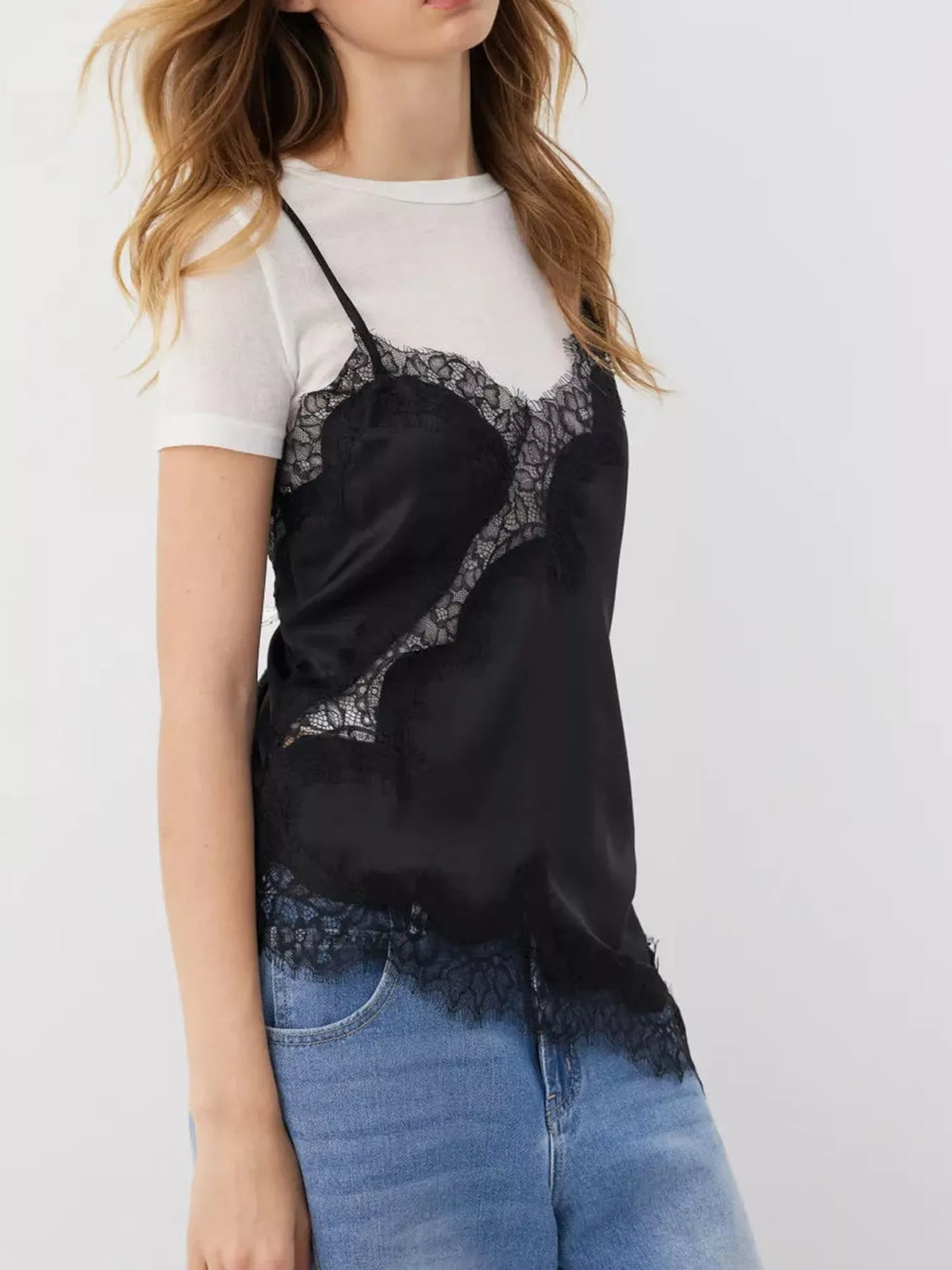 Asymmetric Lace Trim Satin Cami, front view