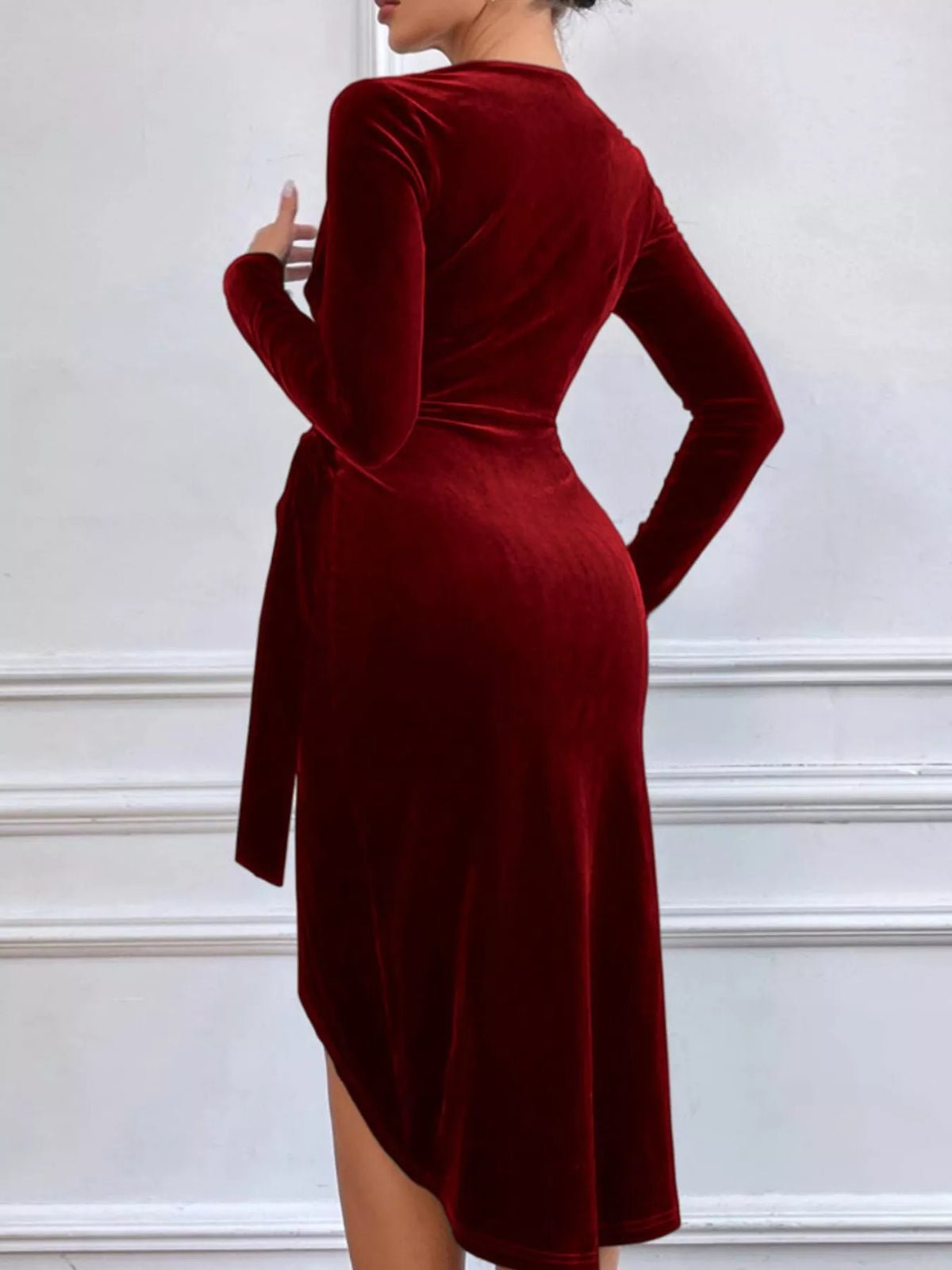 Velvet wrap long sleeve midi dress