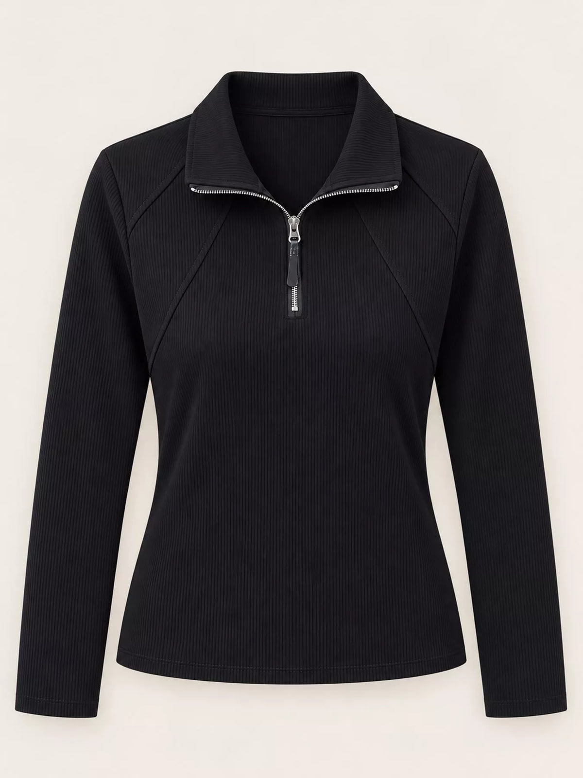 Quarter-zip ribbed top, black flat front