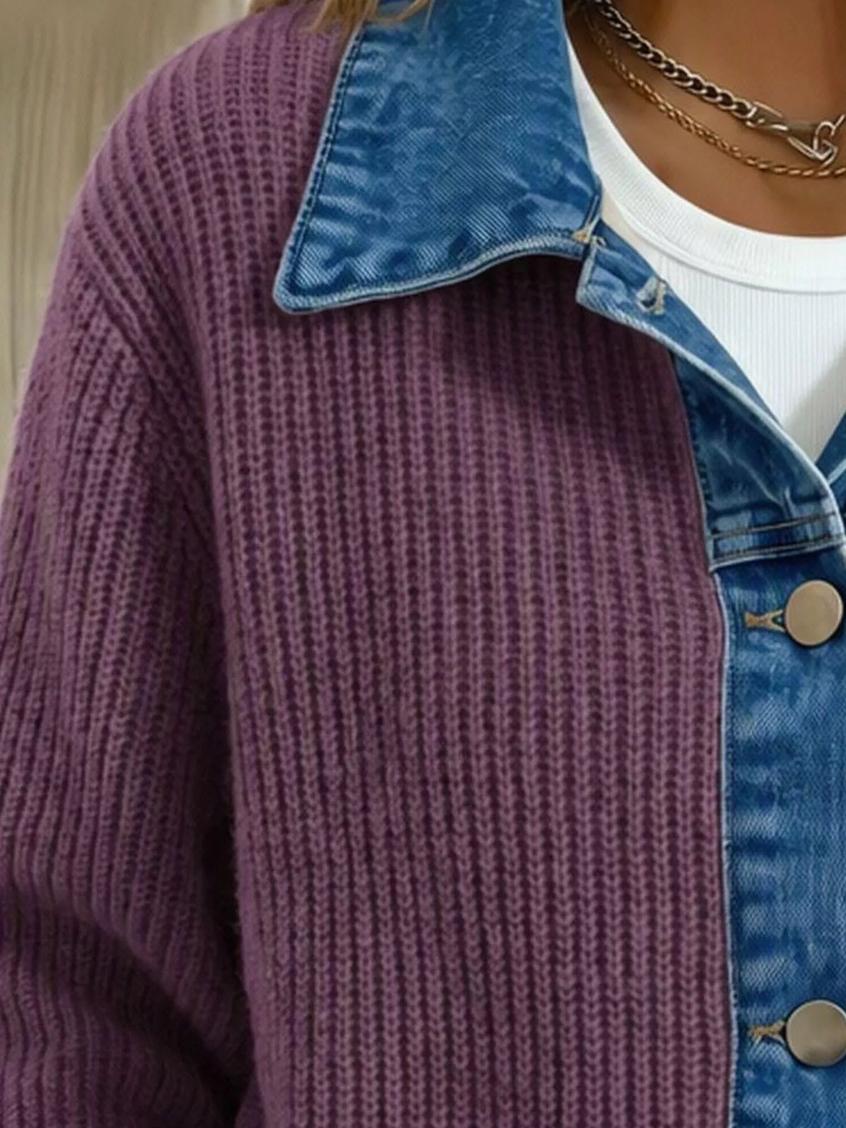 Purple-red Denim Trim Button-Up Cardigan alternate view