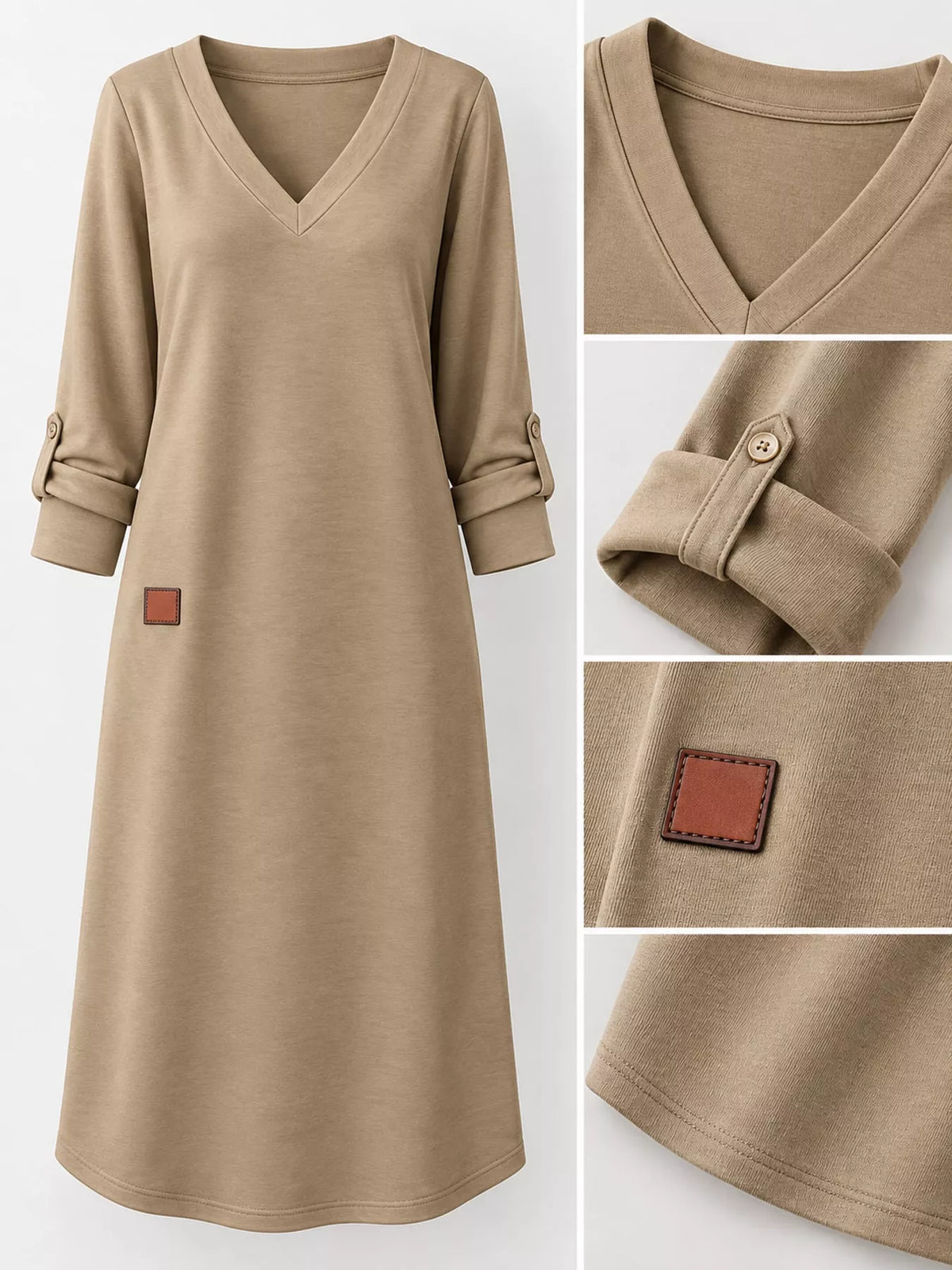 Women's V-Neck Long Sleeve Midi Dress in beige — detail collage view