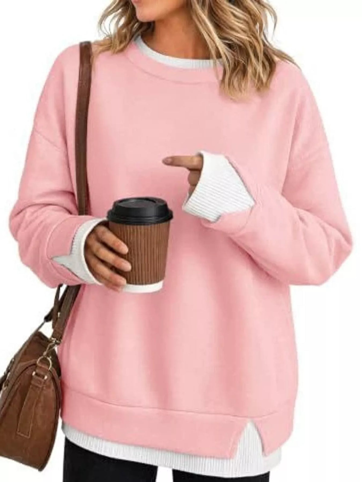 Layered Look Crew Neck Sweatshirt in pink, front view