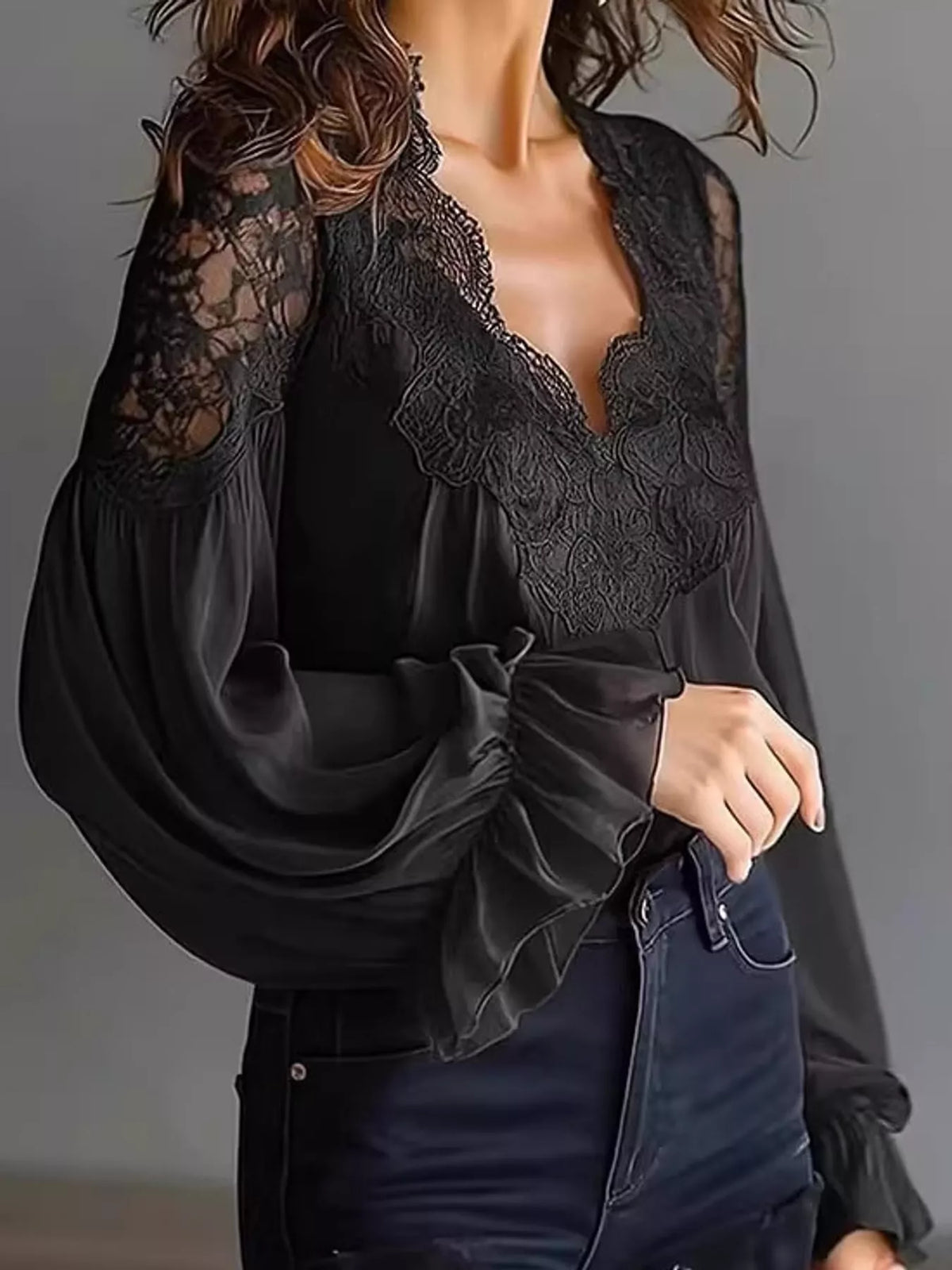 Black lace V-neck flounce sleeve blouse