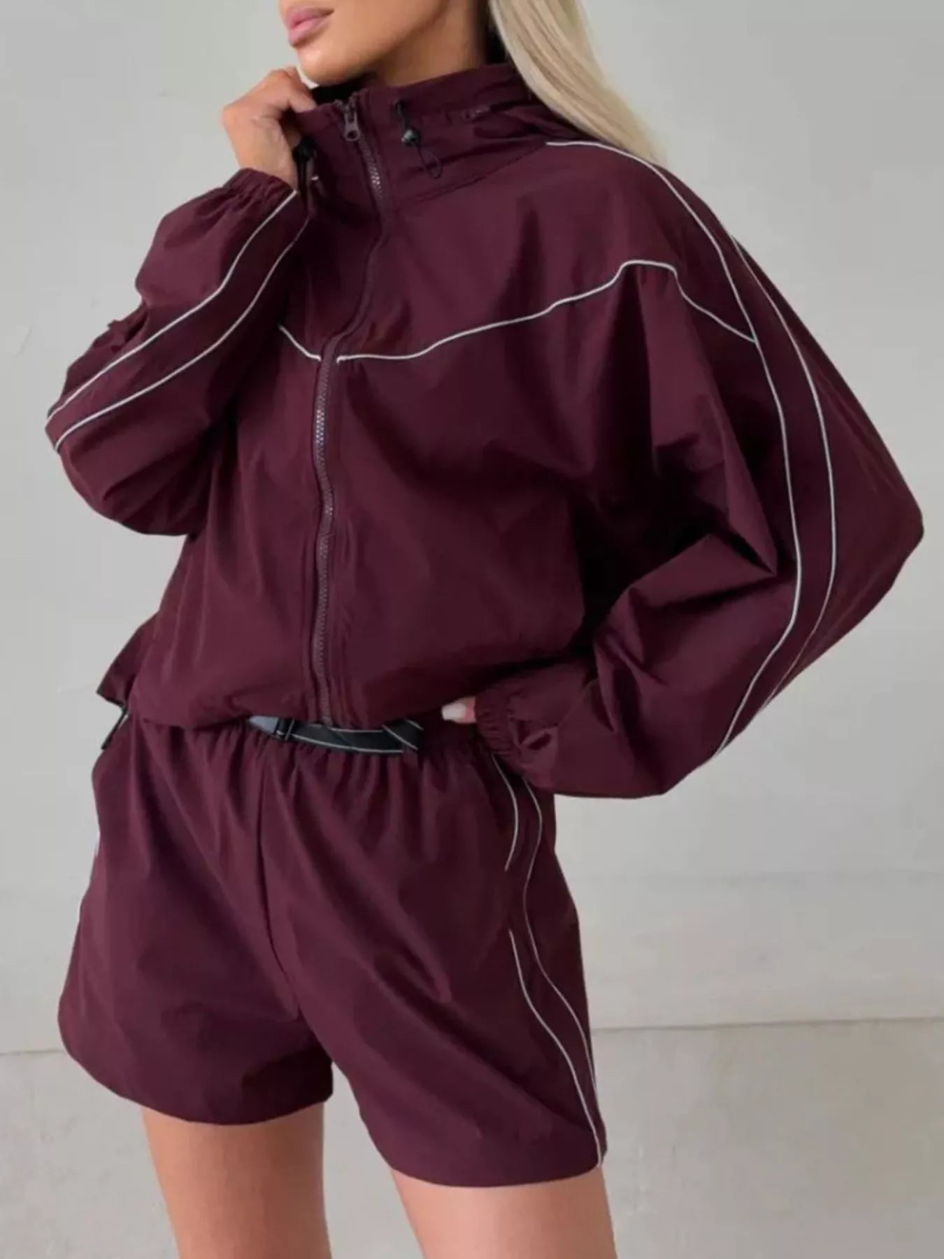 Trendsi Drawstring Zip-Up Jacket and Shorts Set -