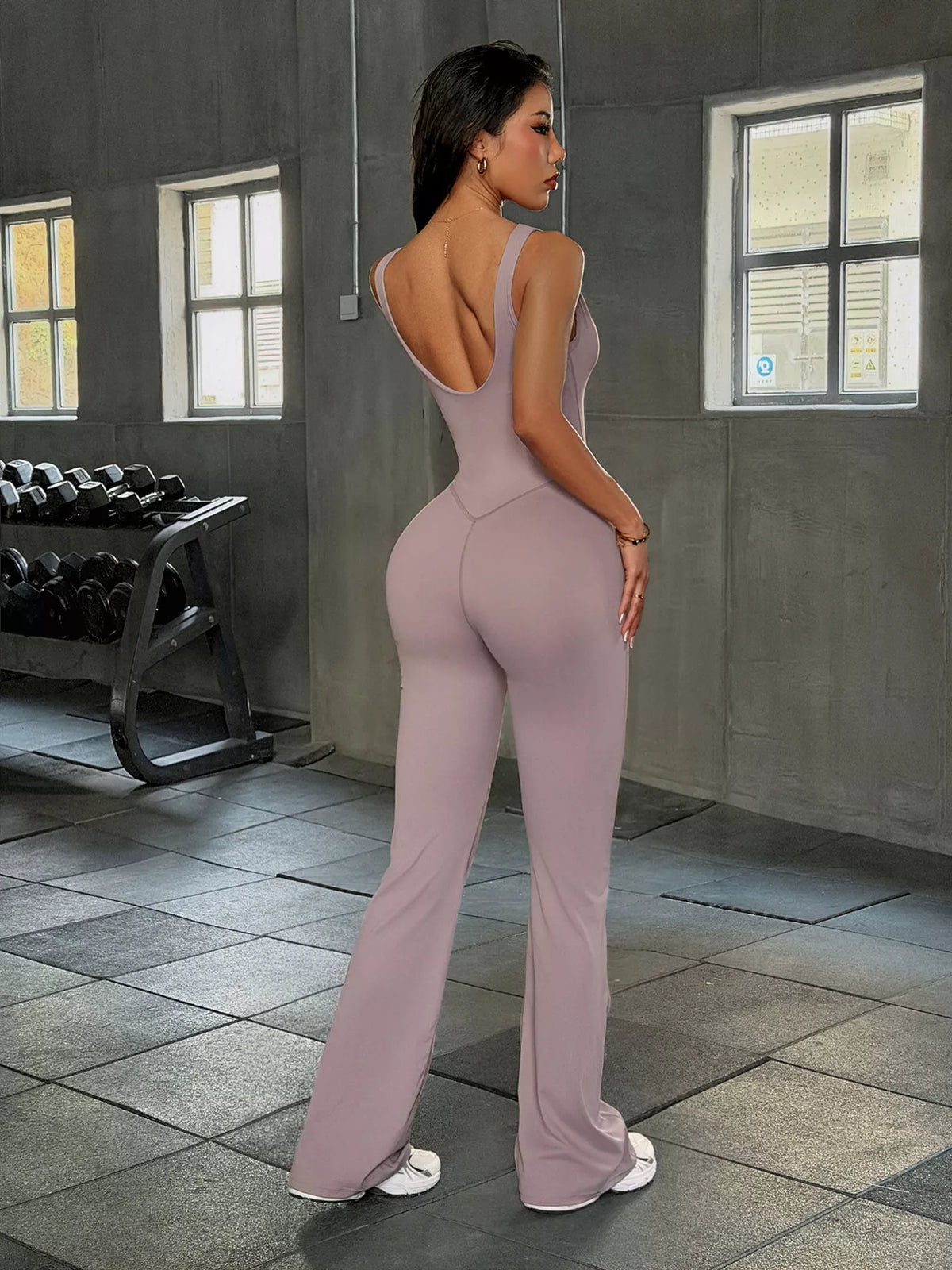 Sleeveless Active Jumpsuit with Flared Leg Design, back view
