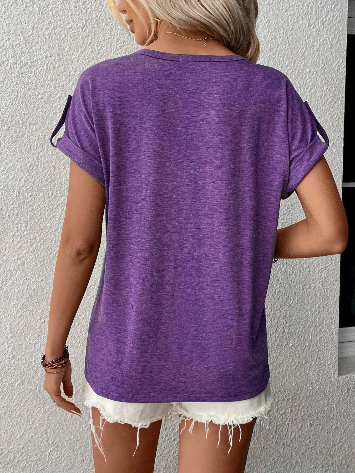 Trendsi Full Size Casual V-Neck Henley Top with Rolled Sleeves Plus Size - Shirts