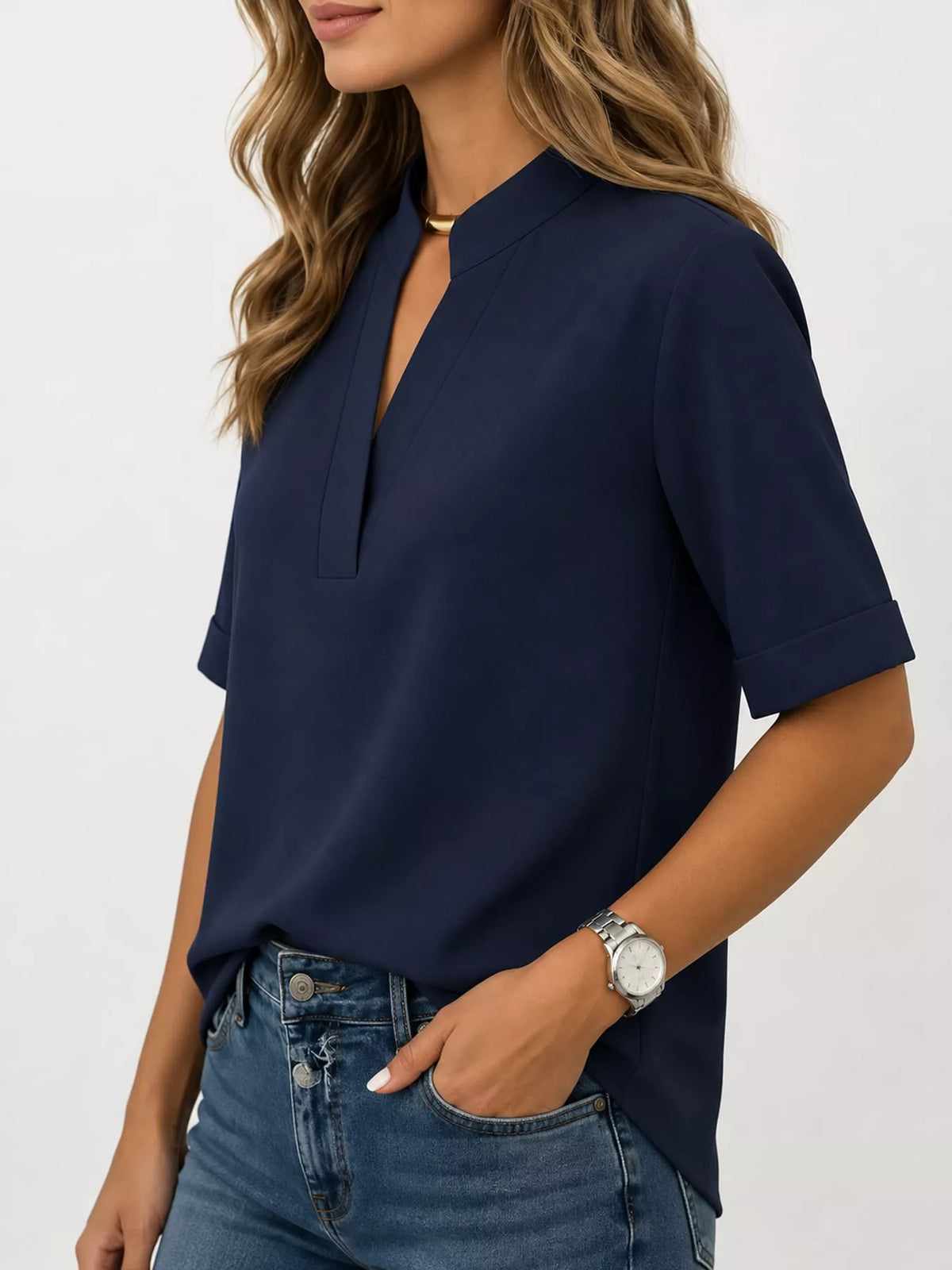 Notched-neck blouse, navy side