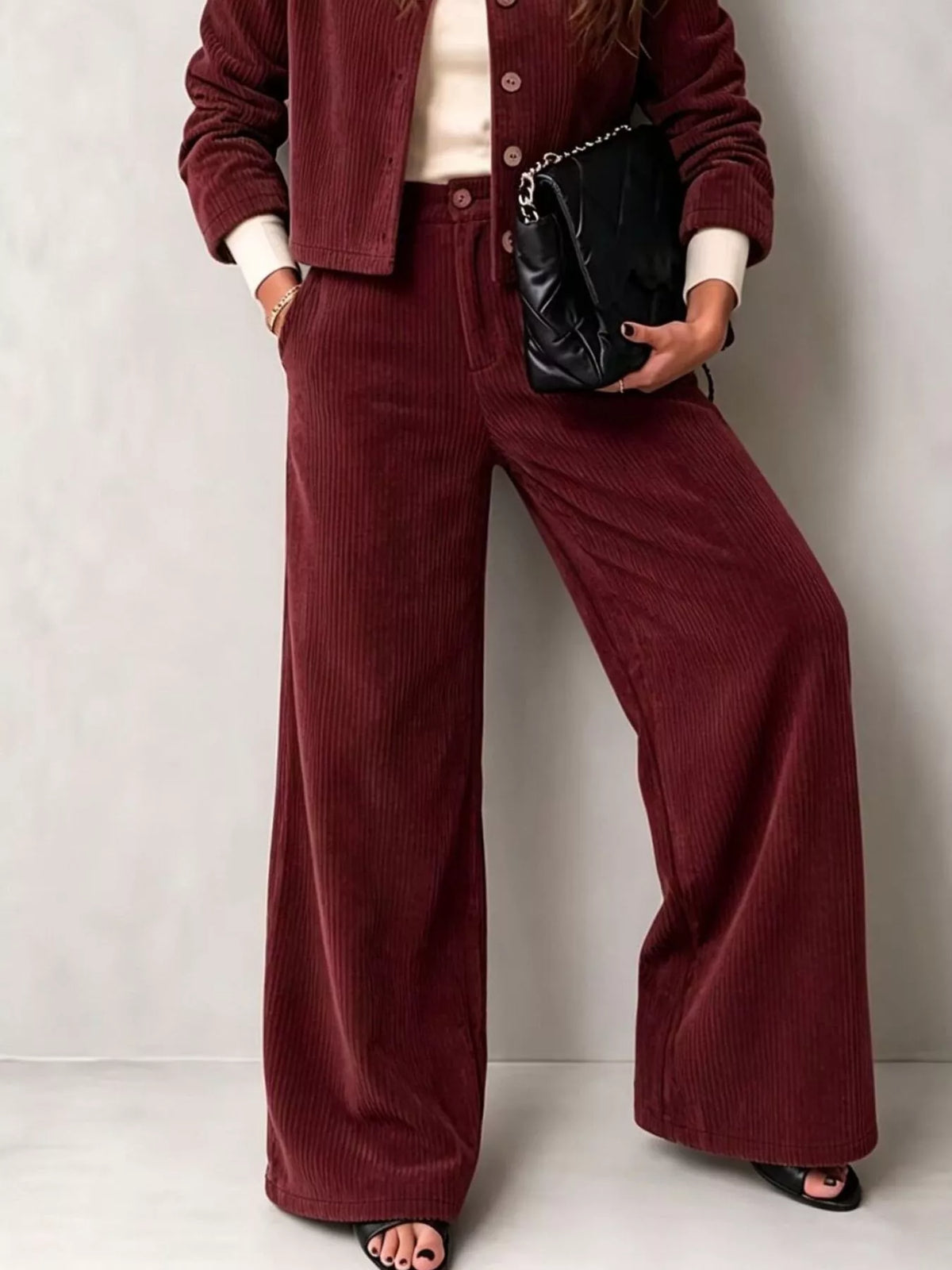 Women's Corduroy Button-Down Jacket and Wide-Leg Pants Two-Piece Set in burgundy — pants detail view