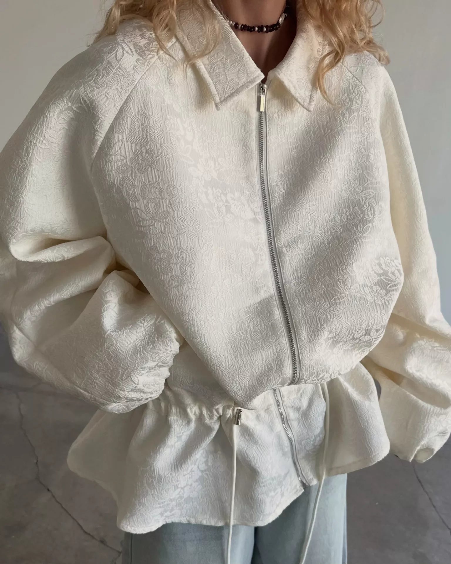 Trendsi Jacquard Bomber Jacket with Drawstring Waist -