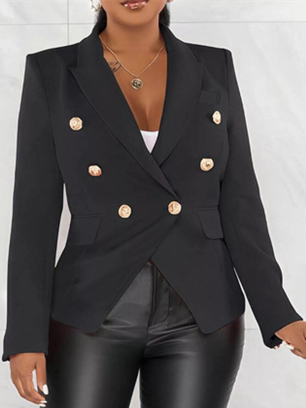 Collared long sleeve blazer, front view on model