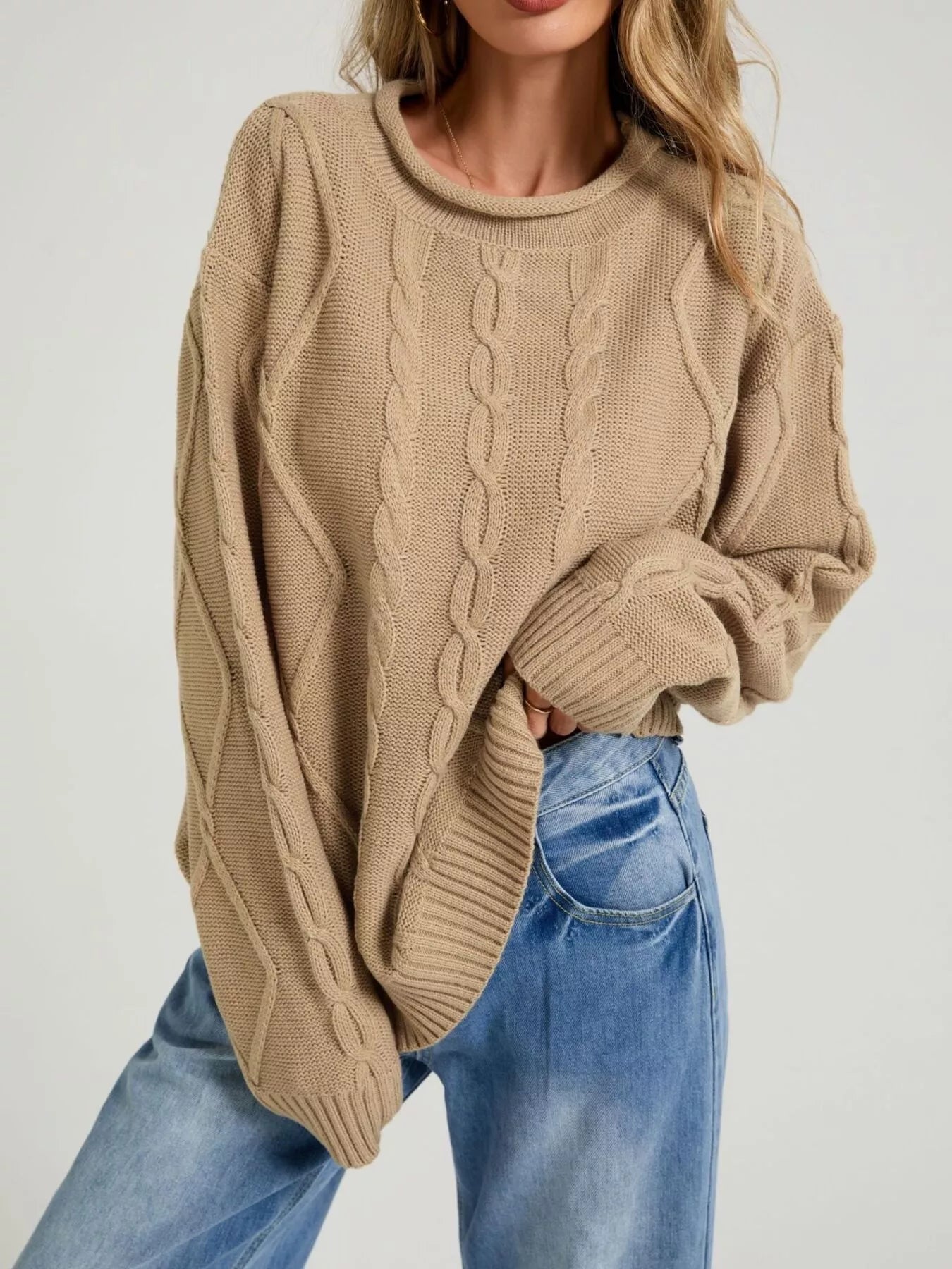 Trendsi Cable Knit Ribbed Hem Sweater -