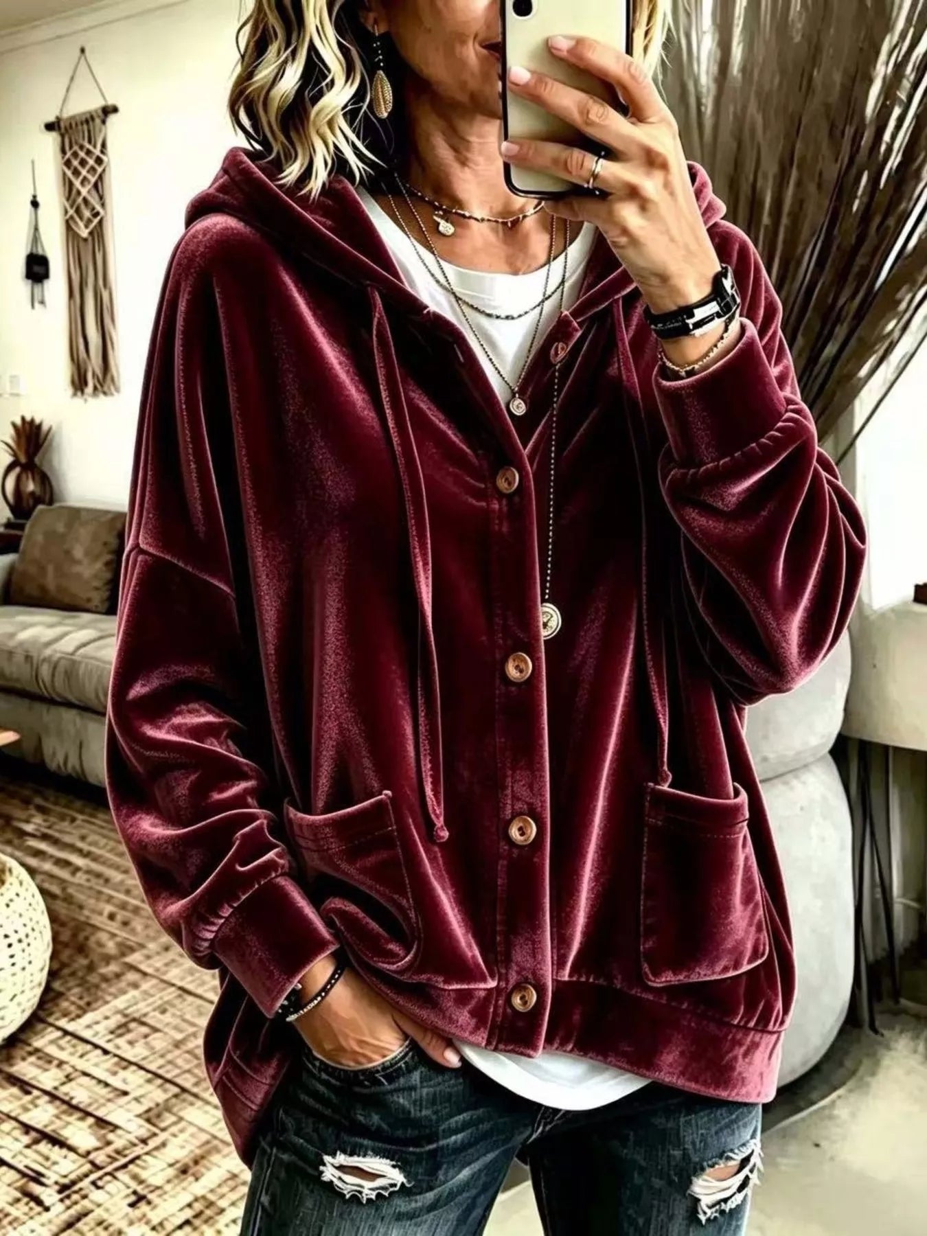 Trendsi Full Size Casual Button-Down Hooded Outerwear Plus Size -