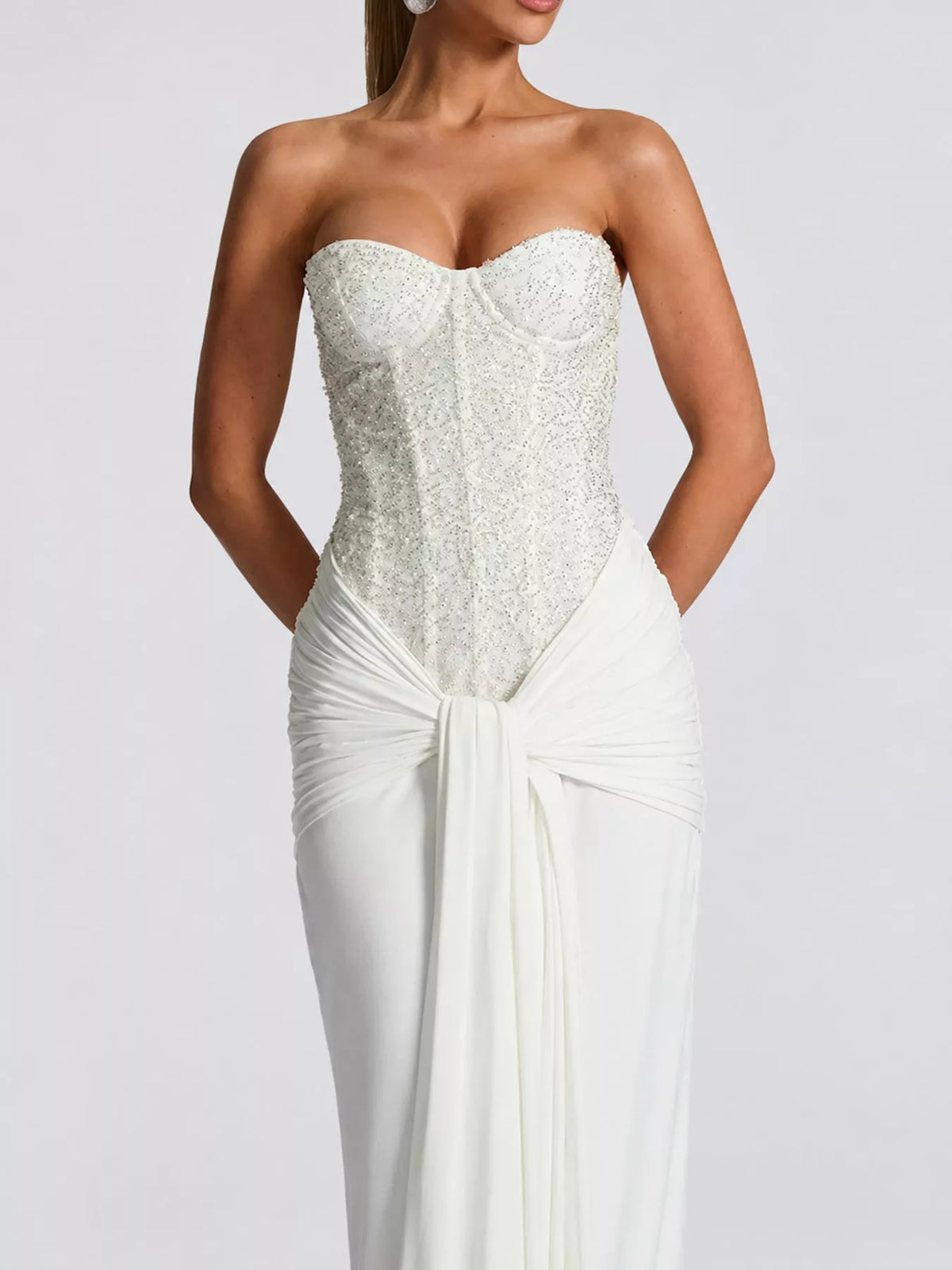 Strapless Sequin Corset Maxi Dress, bodice detail