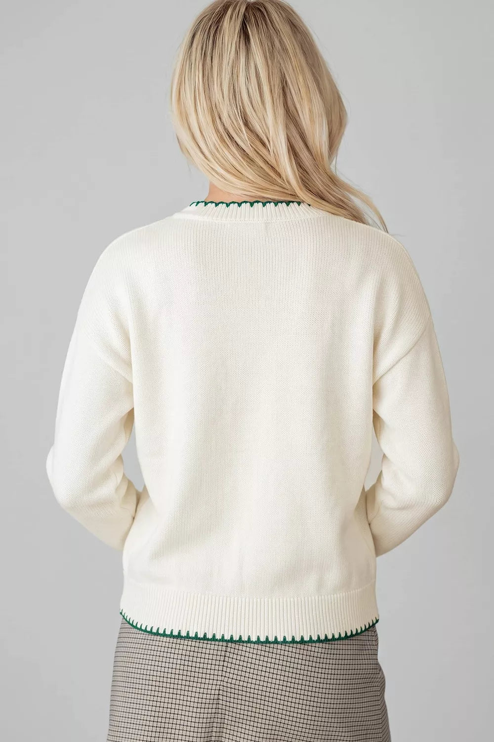 Trendsi Stitched Detail Christmas Tree Holiday Casual Sweater -