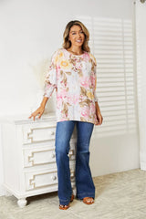 Trendsi Double Take Floral Round Neck Three-Quarter Sleeve Top -