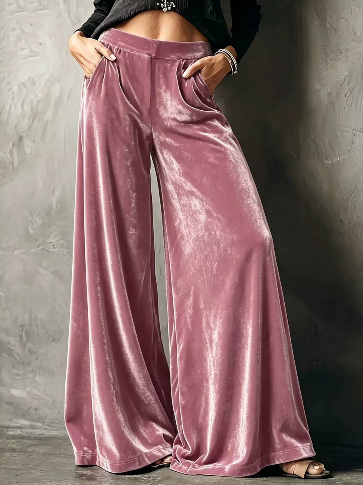 Mauve wide-leg velvet pants, front view