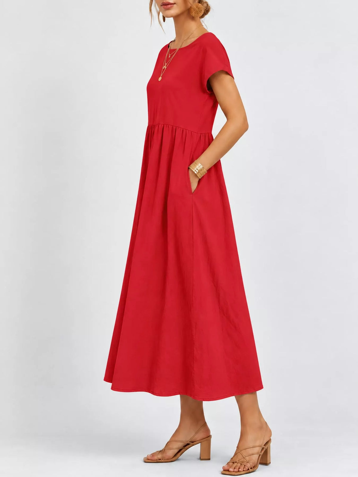 Round neck short sleeve midi dress, side view