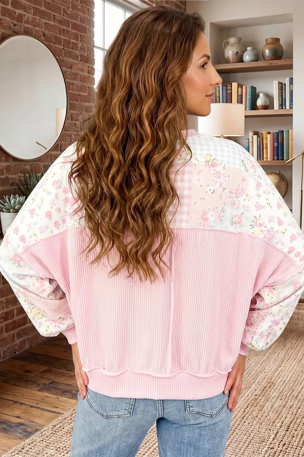 Trendsi Twisted Ribbed Trim Floral Print Patchwork Long Sleeve Top -
