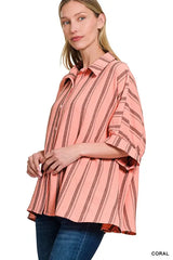 Trendsi Zenana Woven Yarn-Dye Stripe Oversized Button Down Shirt - Outerwear