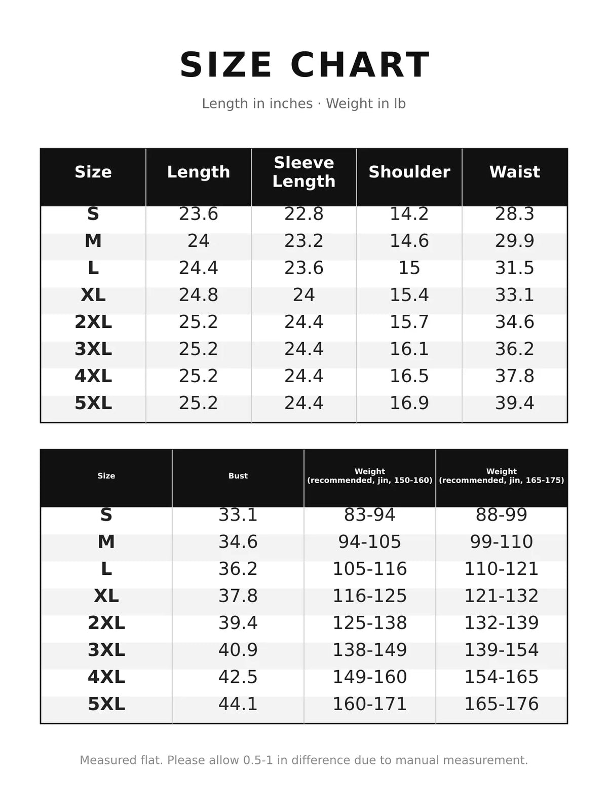 Size chart for button-down shirt