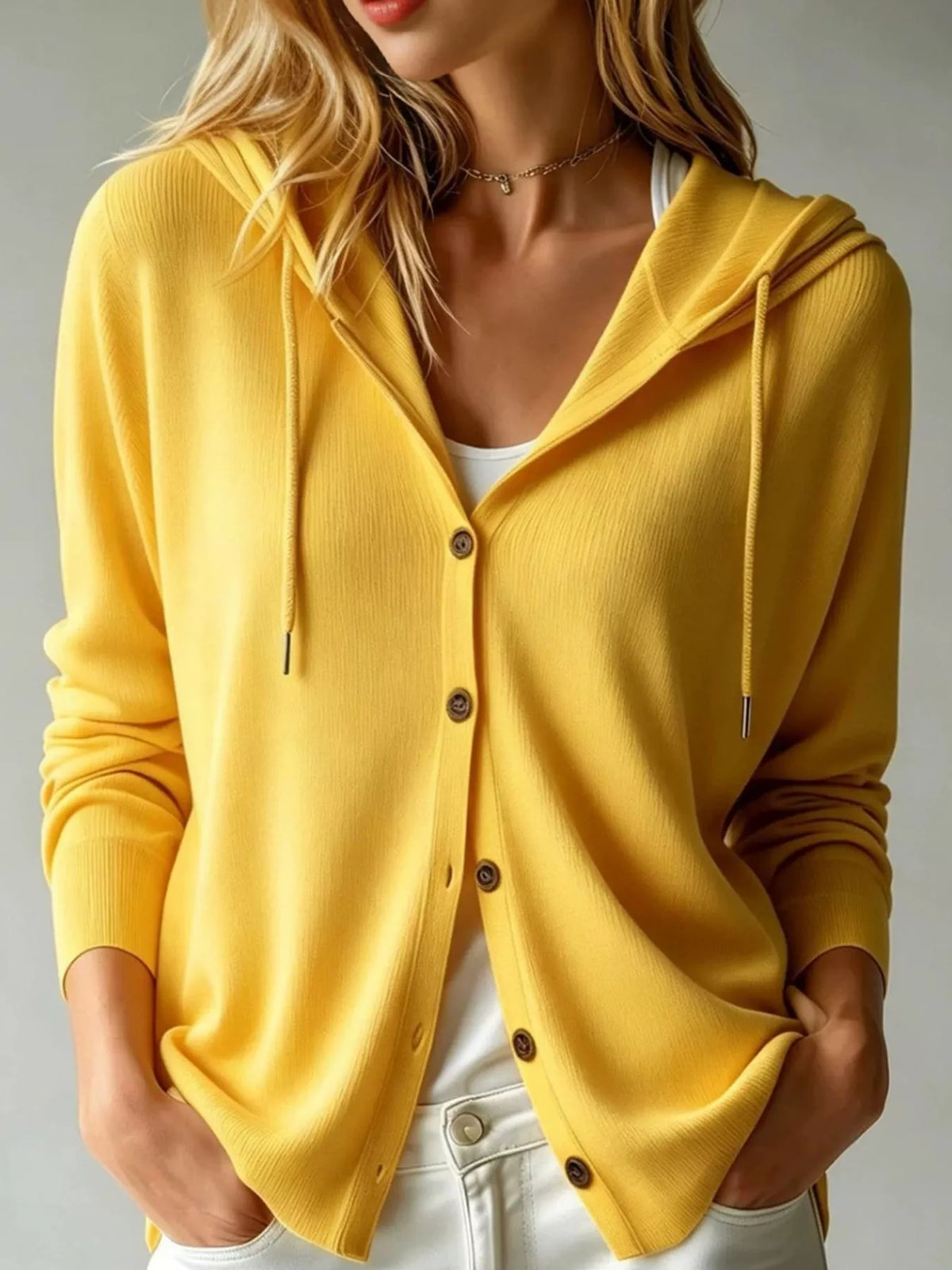 Hooded long sleeve cardigan, front view on model