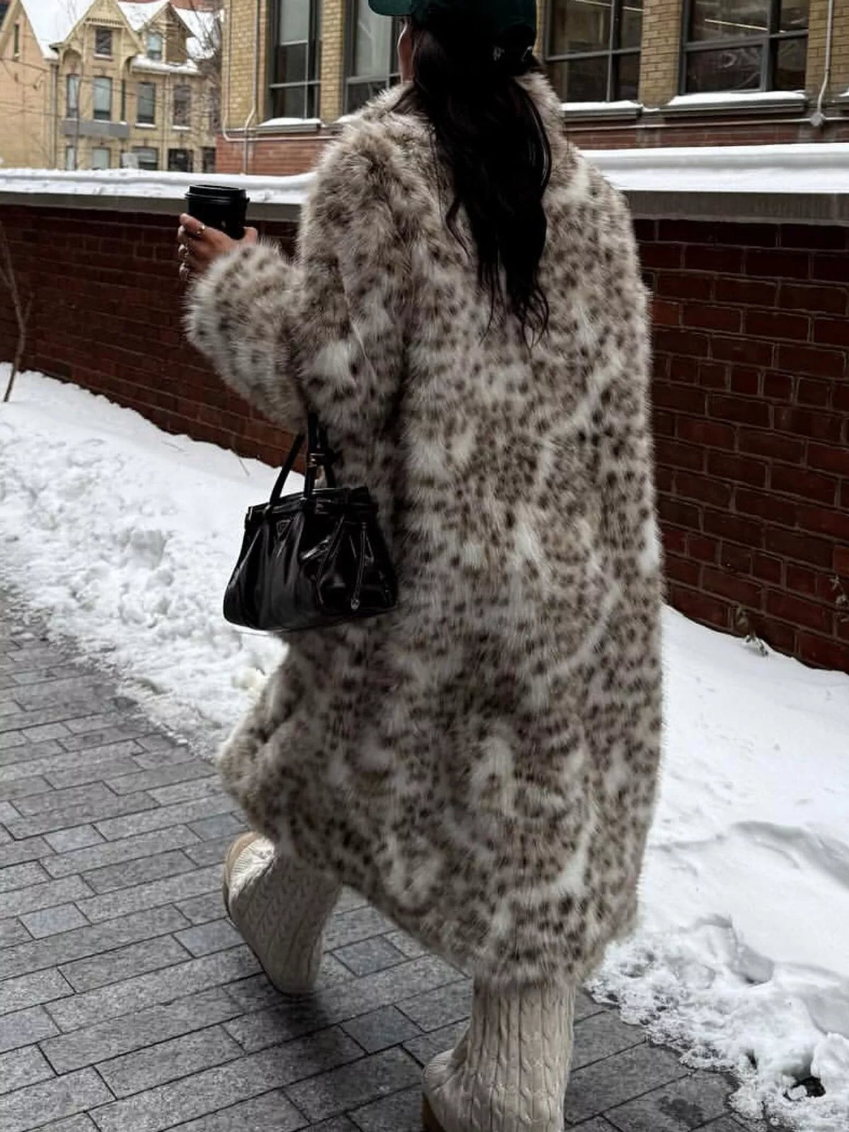 Faux Fur Leopard Longline Coat, back view in multicolor