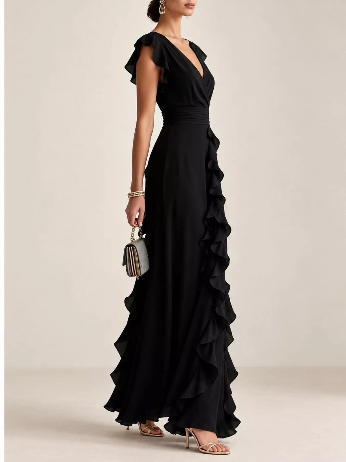 Black ruffled surplice maxi dress, side view