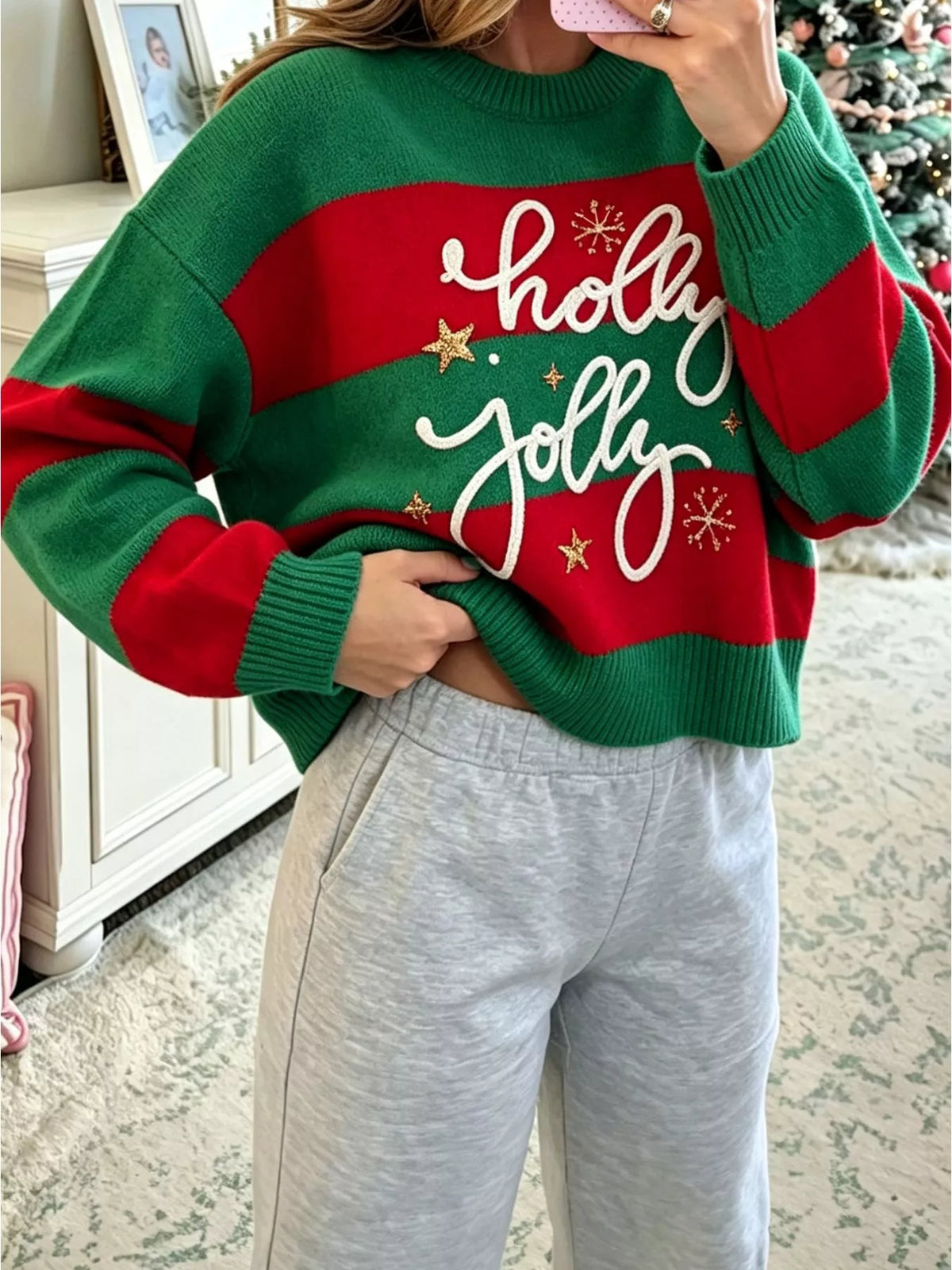 Striped Holly Jolly Sequin Sweater — front view