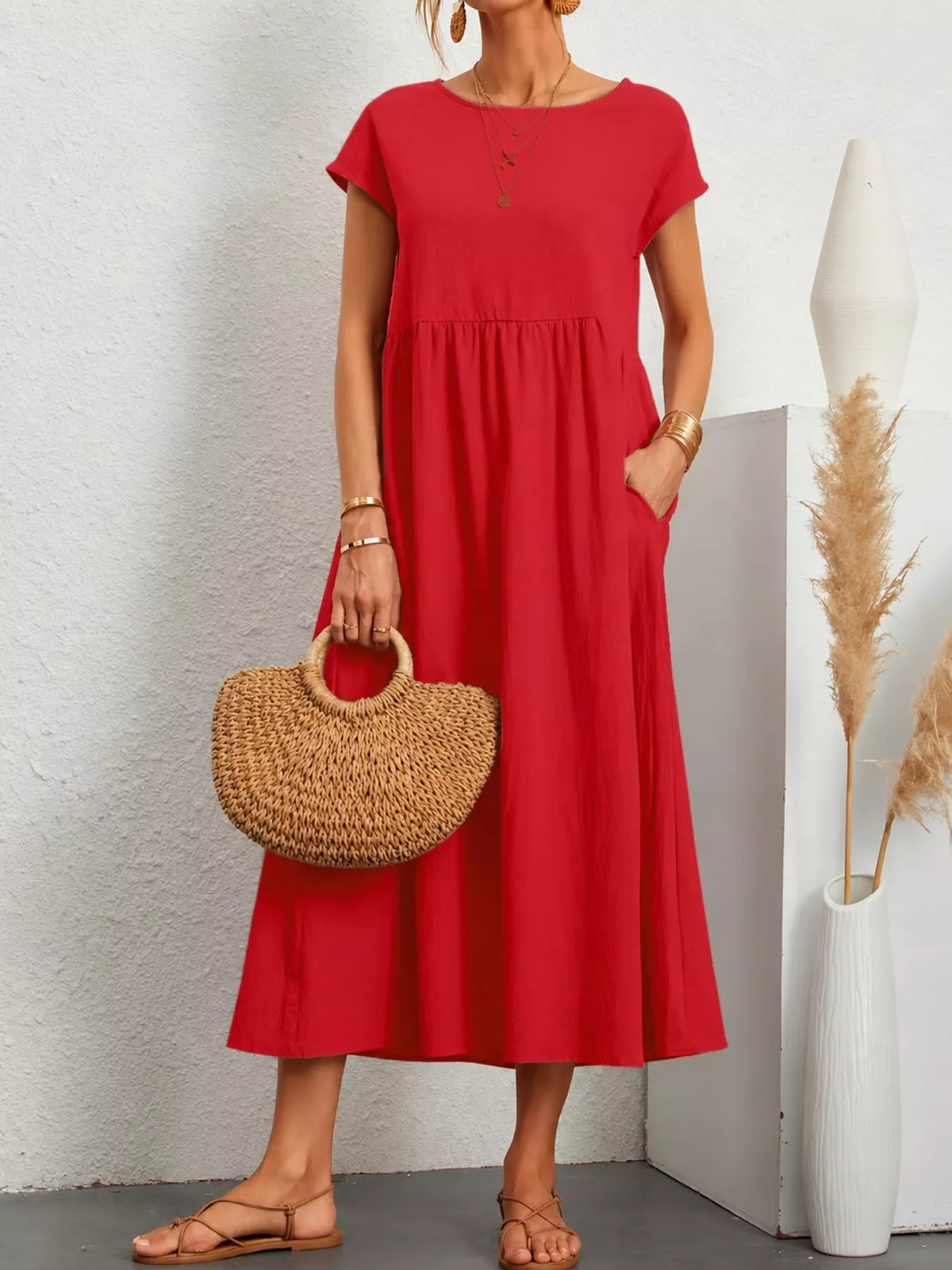 Round neck short sleeve midi dress, front view on model