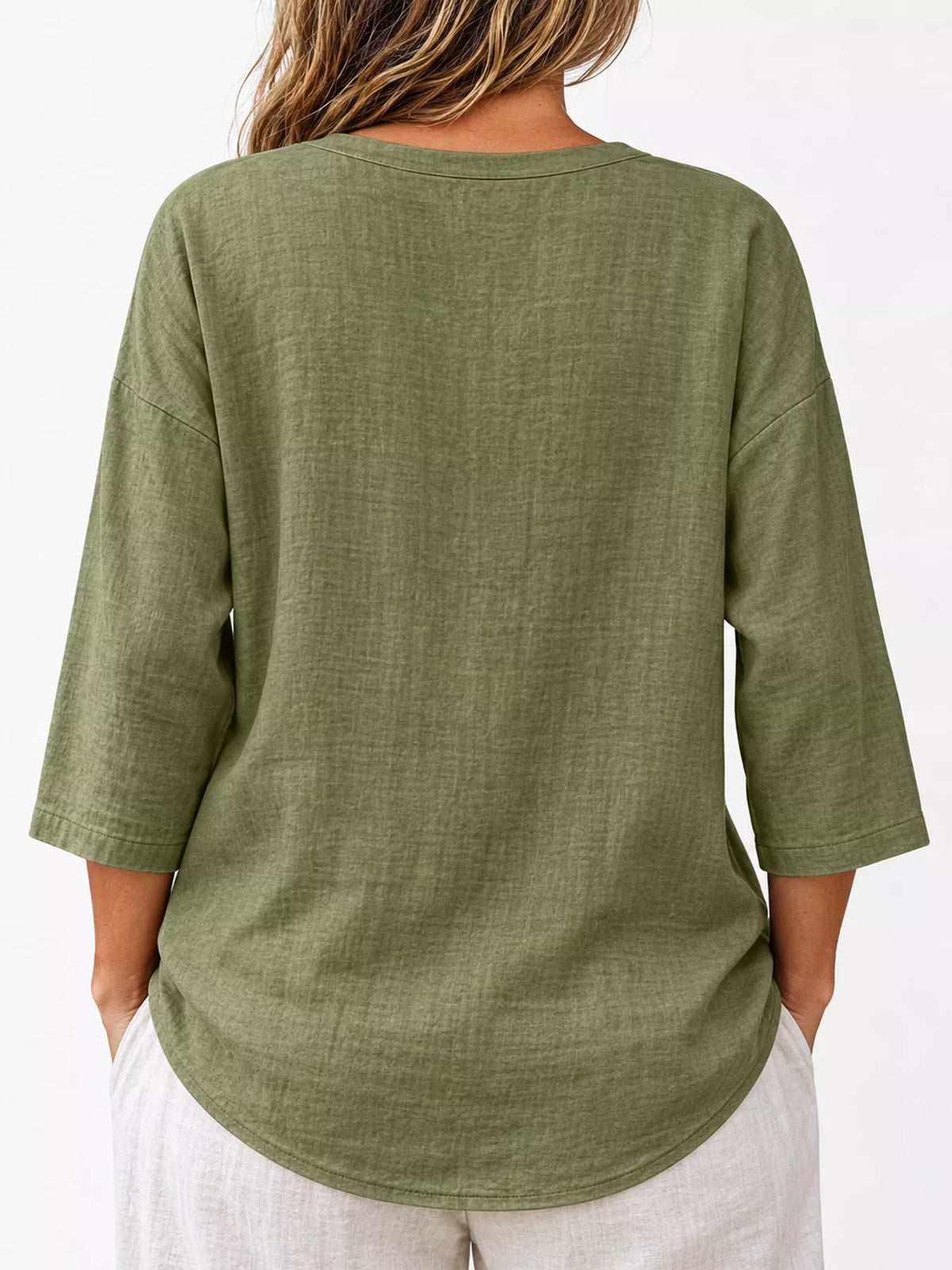 Button Notched 3/4 Sleeve Blouse in olive green, back view