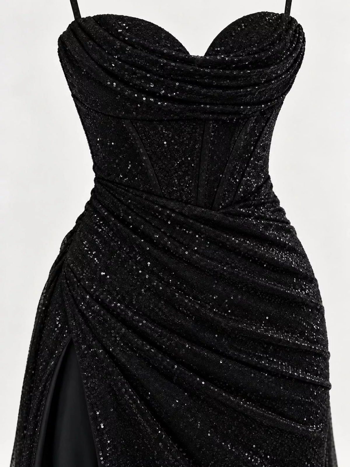 Black high-slit glitter maxi evening dress — design and construction details