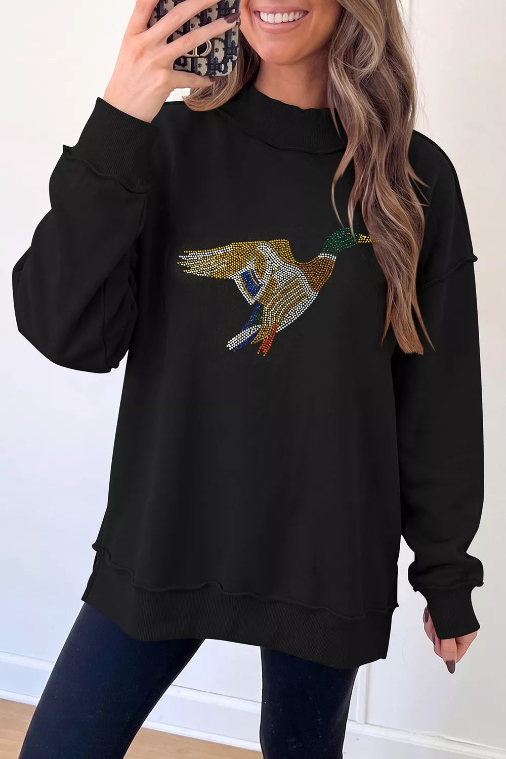 Rhinestone Flying Mallard Mock Neck Tunic Sweatshirt in black, front view