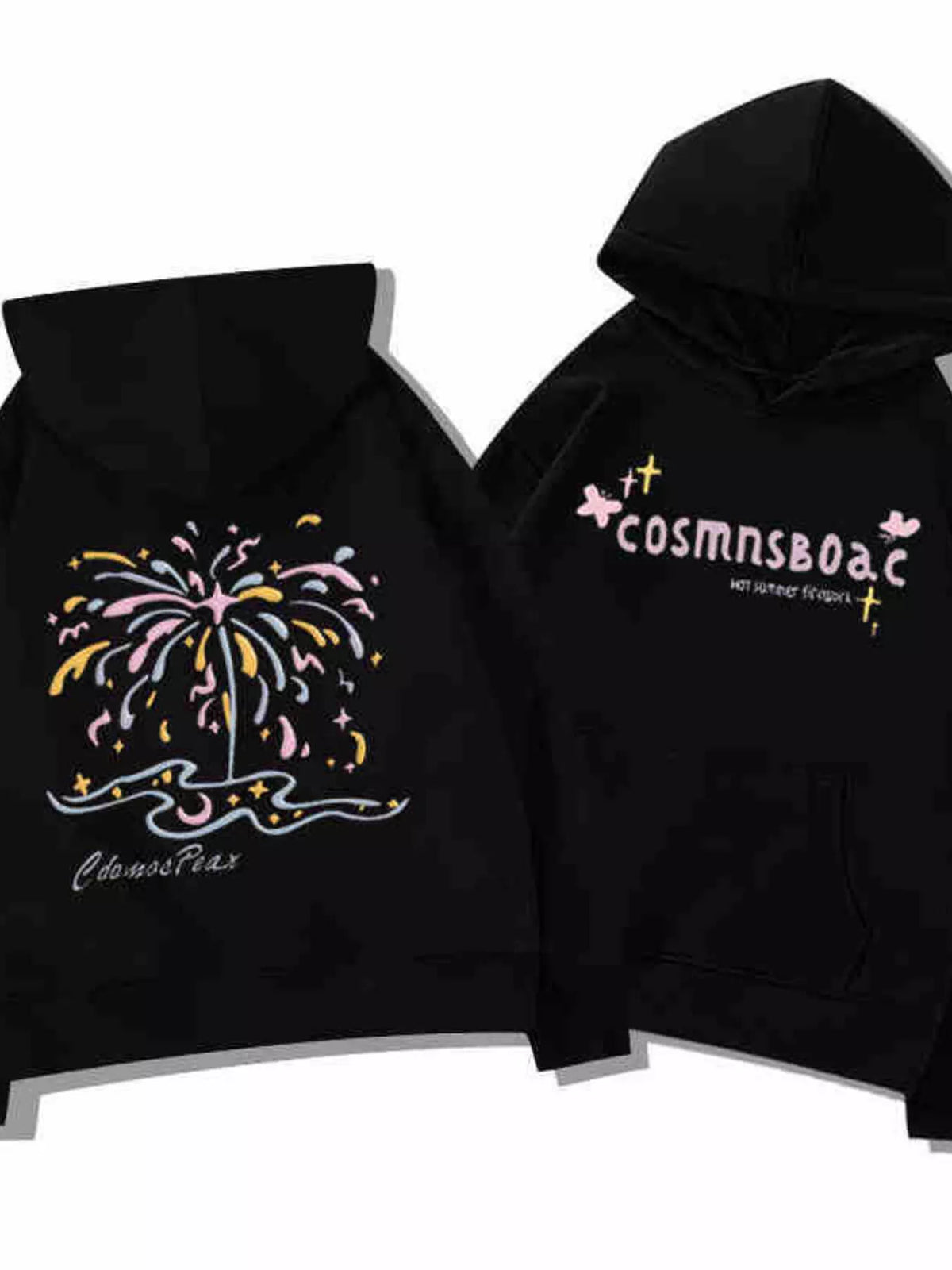 Women's Christmas Tree Fireworks Graphic Hoodie in Black, front view