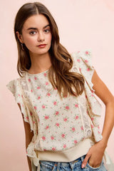 Trendsi BiBi Flower Printed Ruffle Sleeve Trim Detail Top -