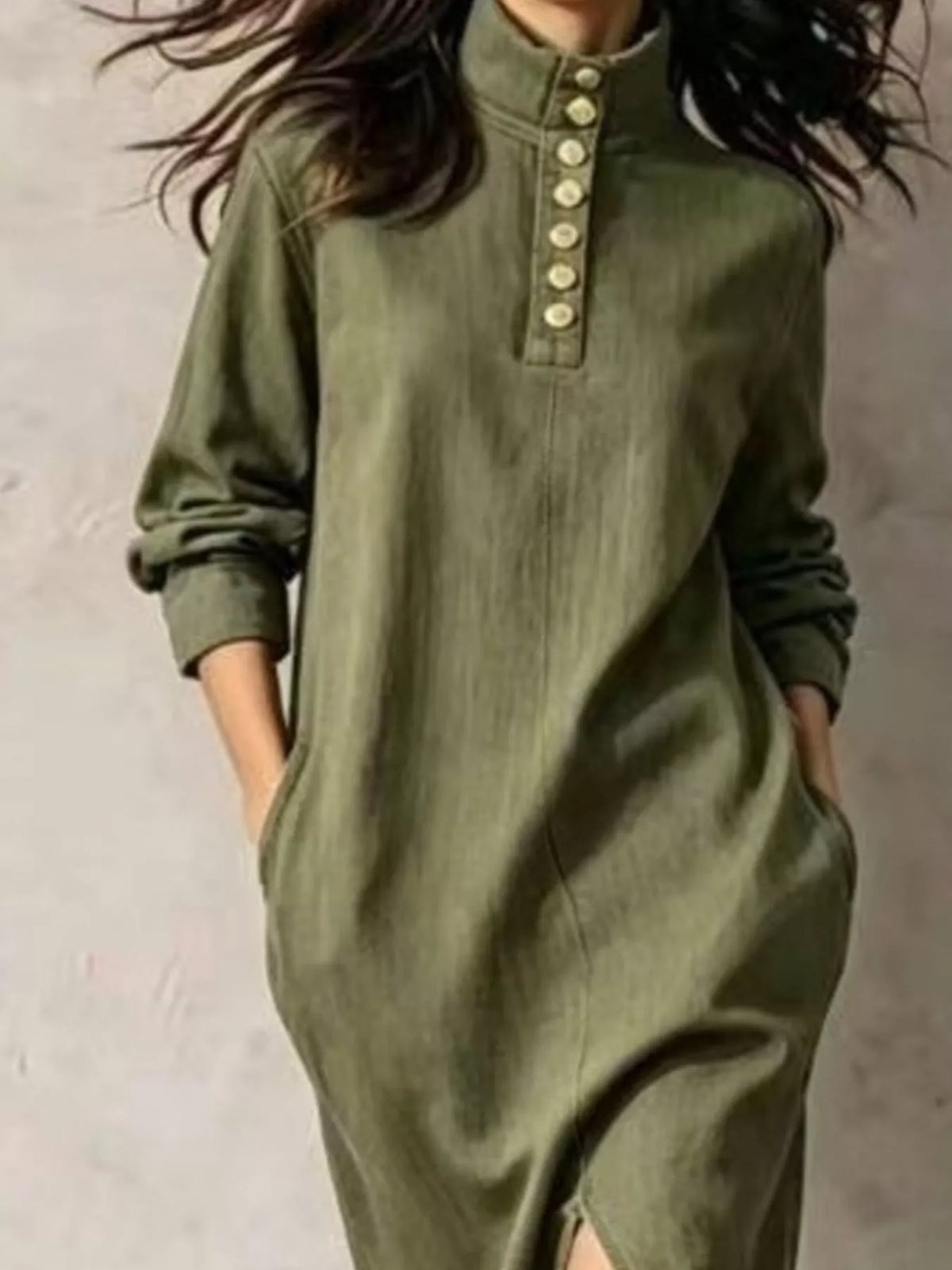 Mandarin neck long sleeve midi dress, construction and design details