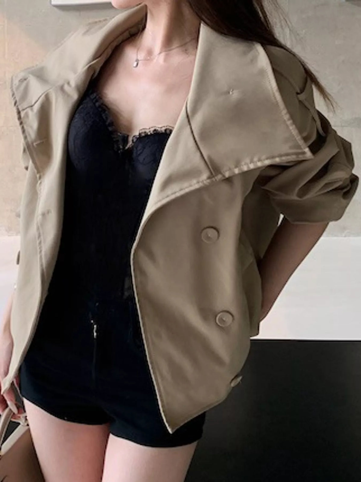 Khaki double-breasted trench jacket with stand collar