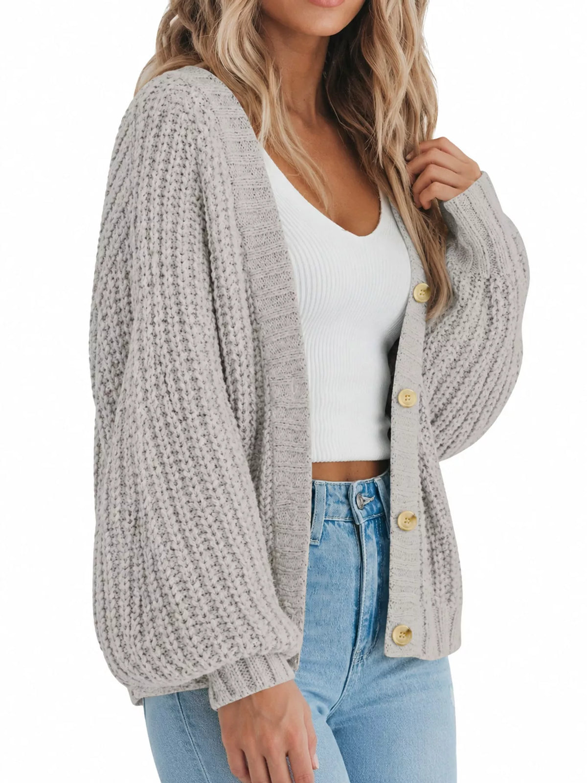 Button cardigan, light gray side