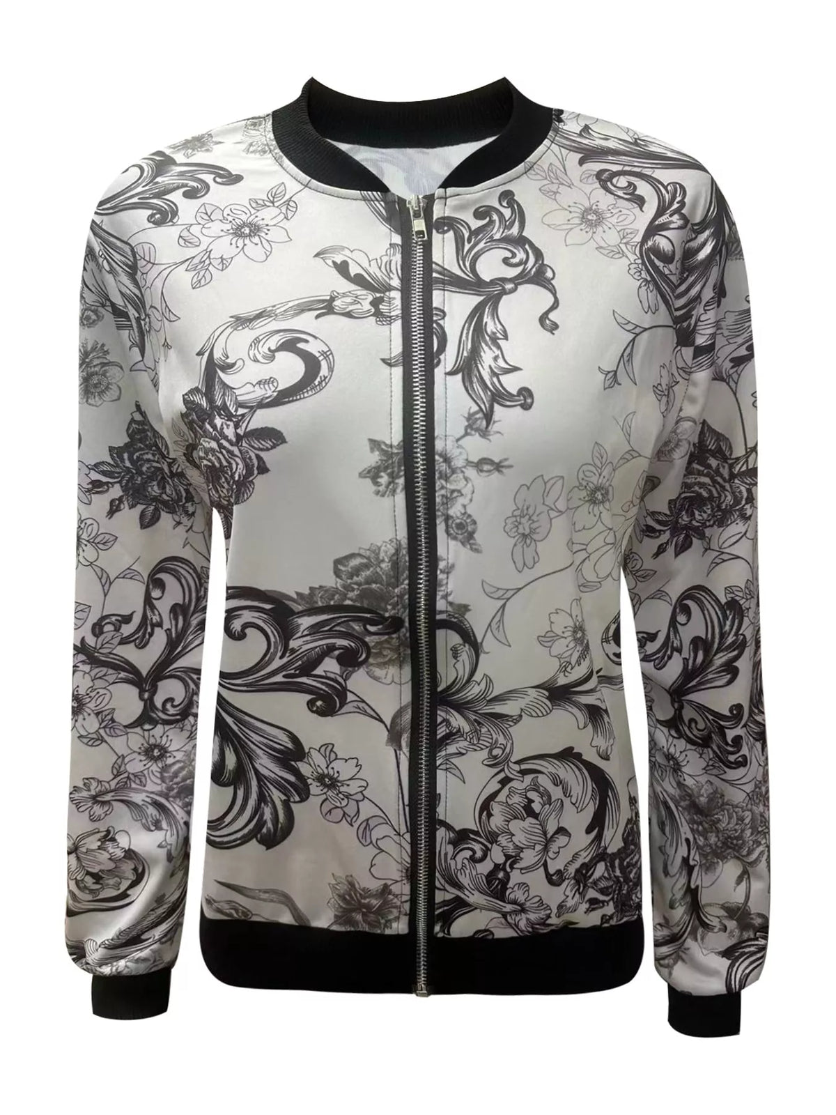 Black and white scroll printed zip-up bomber jacket — front view