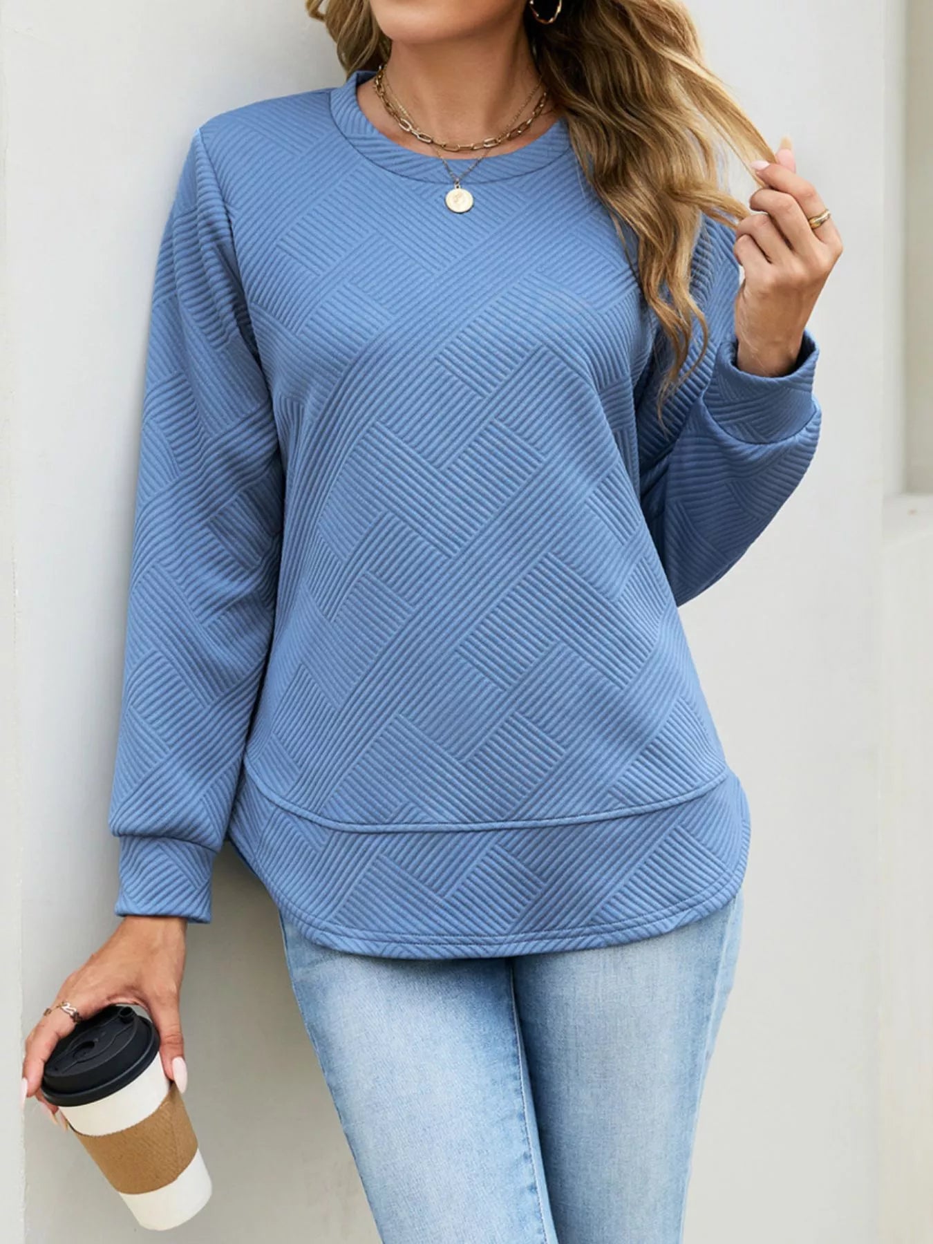 Trendsi Textured Crew Neck Sweatshirt -