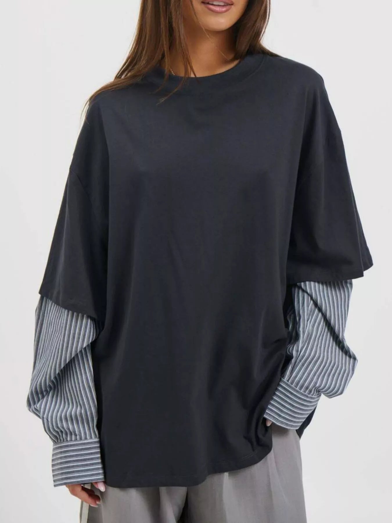 Trendsi Oversized Layered-Look T-Shirt with Striped Sleeves -