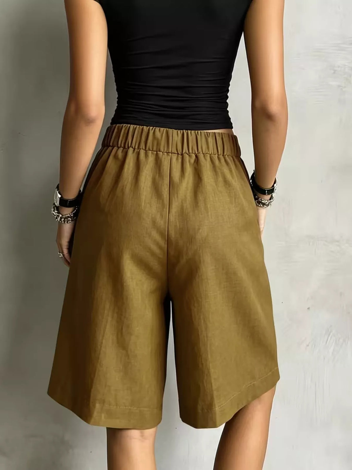 Brown drawstring shorts, back view
