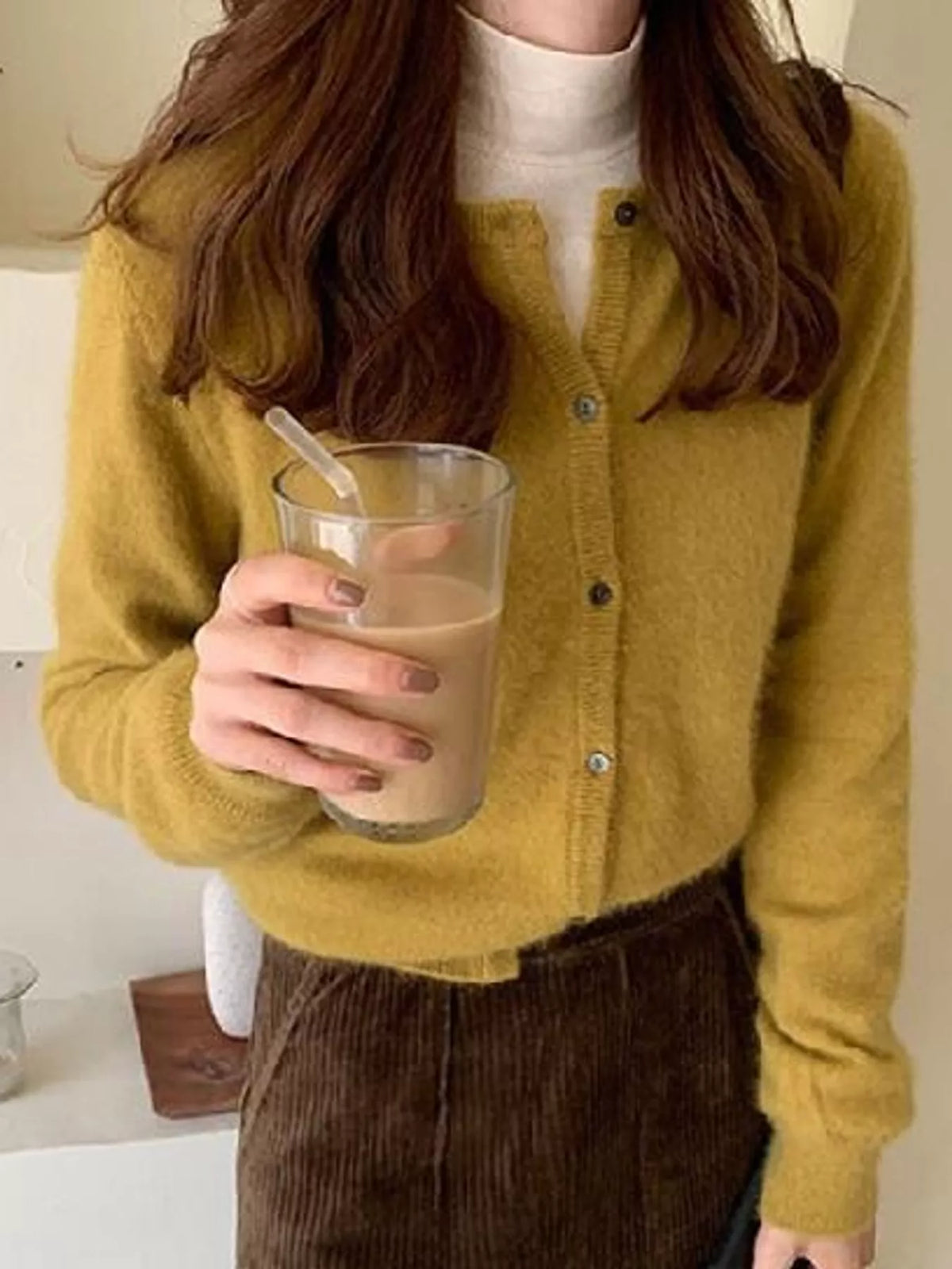 Women's Crew Neck Button-Down Knit Cardigan in mustard — front view